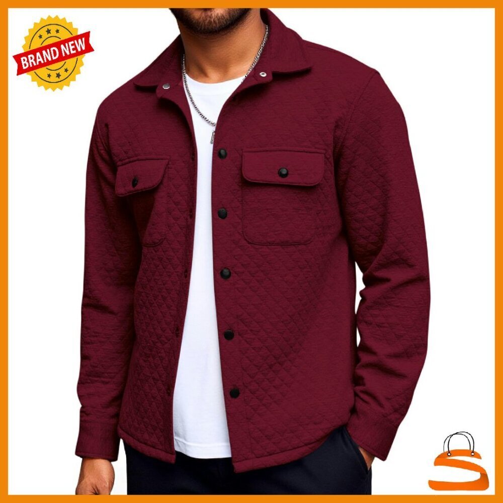 Men's Quilted Shacket Lightweight Jacket Snap Button Pockets Fall Spring